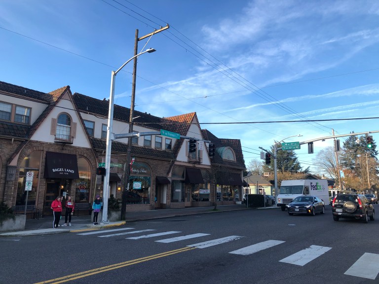 Beaumont Wilshire Beaumont Village street outside Portland Oregon crosswalk blue sky