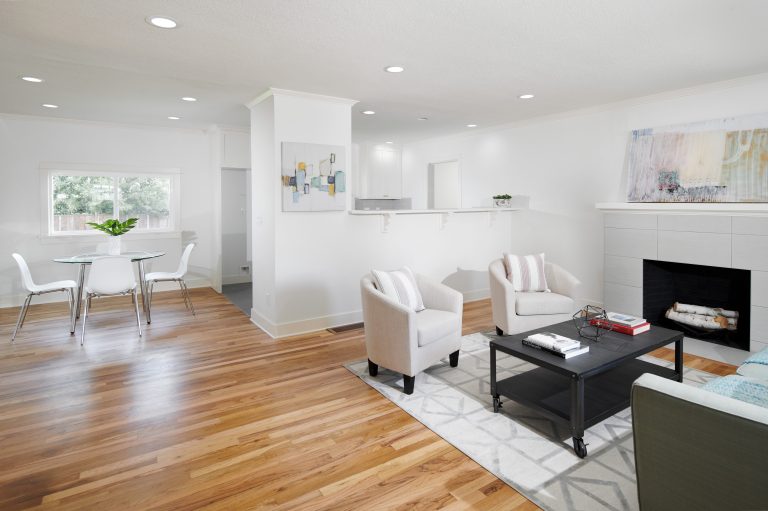 Midcentury living room with hardwood floors