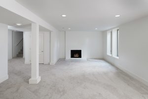 Lower level with fireplace Midcentury remodeled home SE Portland
