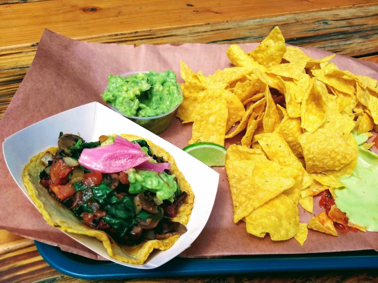 muchroom taco and chips and guacamole at Matt's BBQ Tacos in Southeast Portland