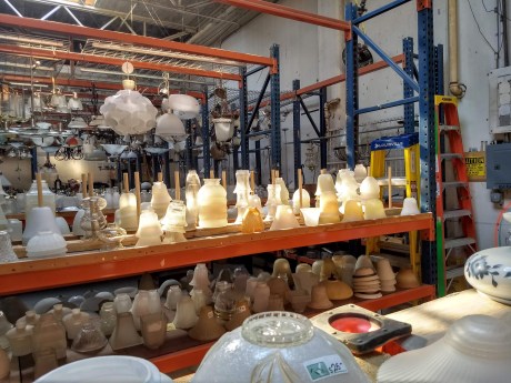 Stack of affordable lighting fixtures at the ReBuilding Center in Portland, Oregong