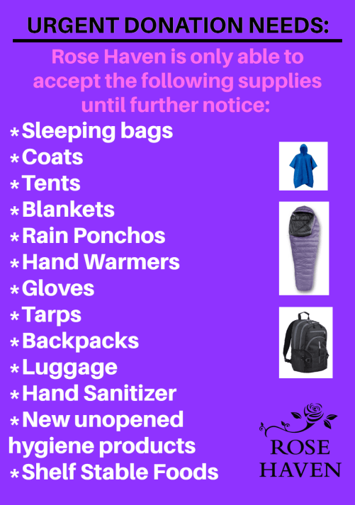 List of items to doate to Rose Haven in Portland Oregon