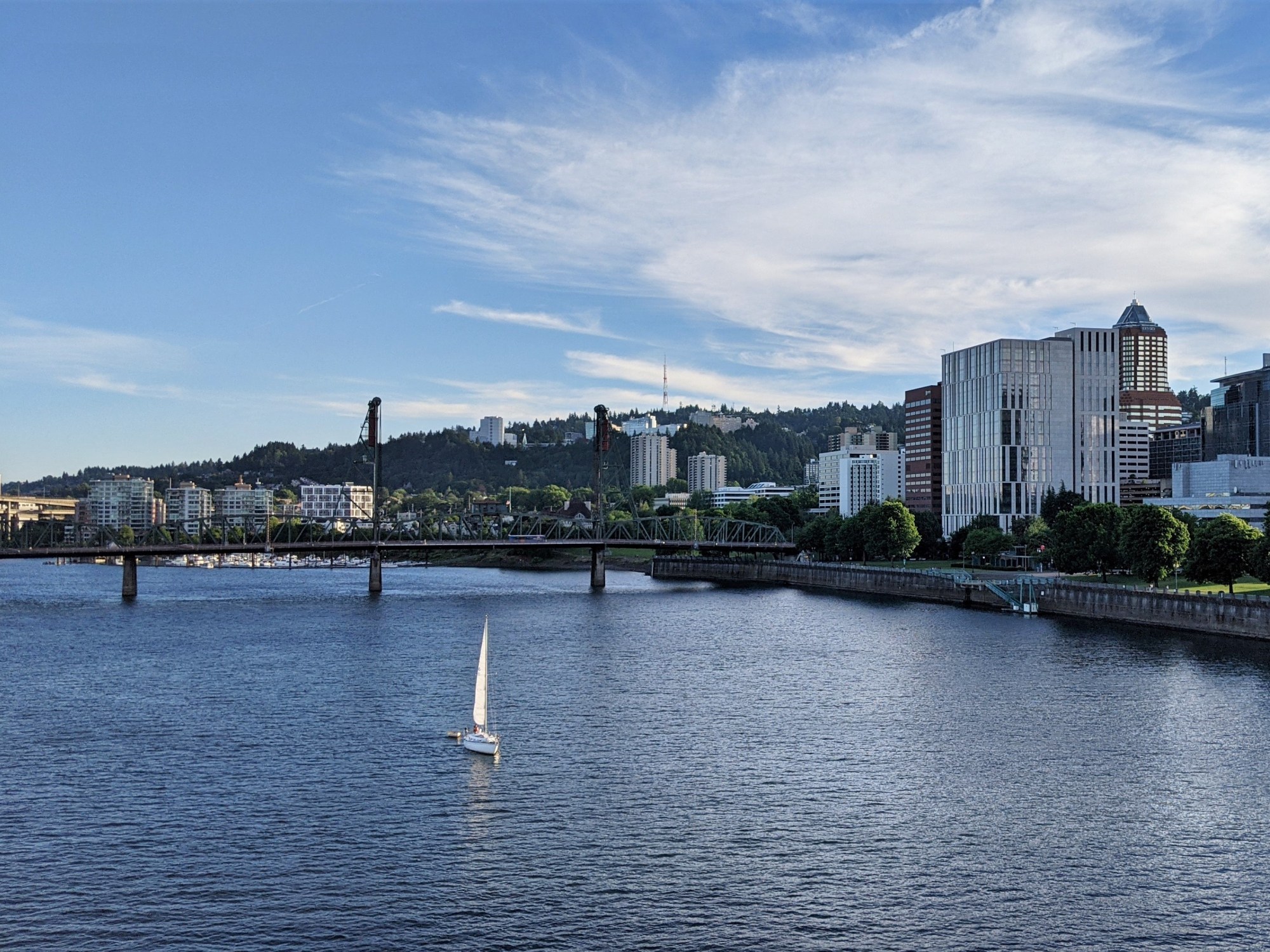 Willamette River with buildings and bridge in the distance