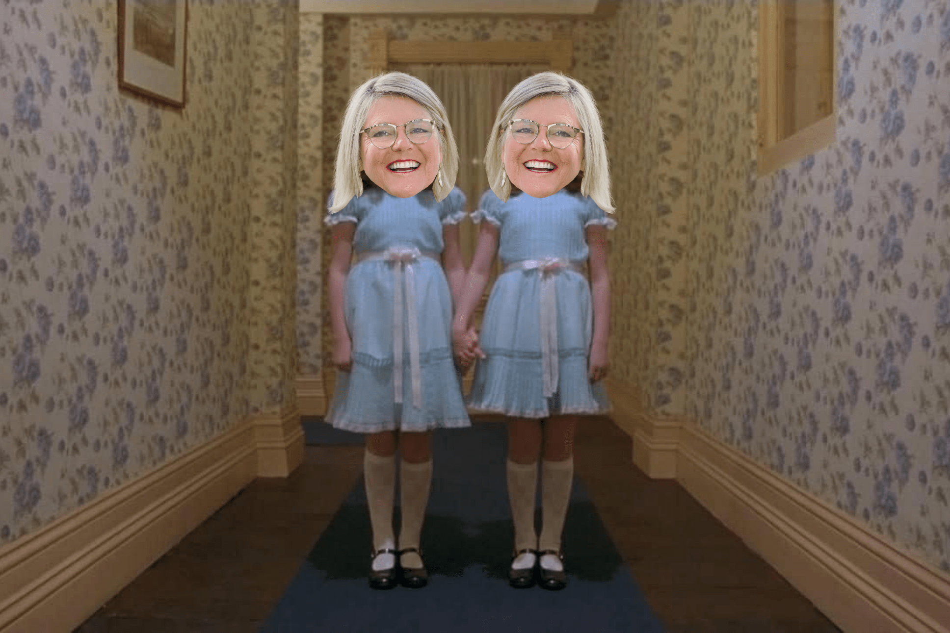 Twins from The Shining movie in matching blue dresses and knee socks with Susie's face on each one's head