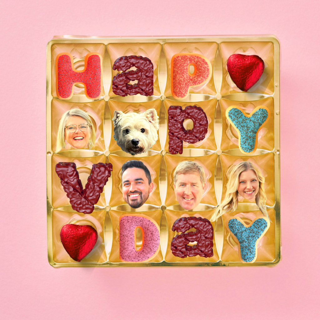 Gold tray filled with valentine's chocolates and cookies that say Happy V Day interspersed with images of Susie, Bella the dog, Josh, Matt and Jamie