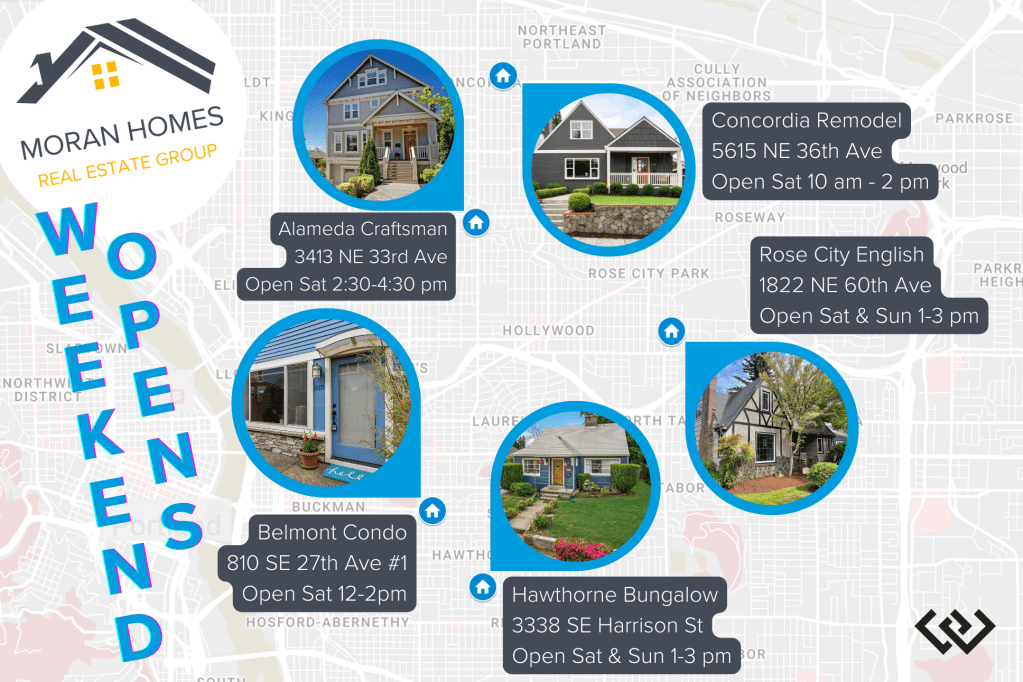 Graphic of Open Houses all over east Portland for the weekend
