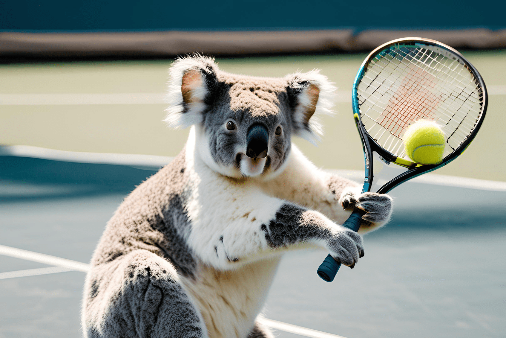 Koala holding a tennis racket on a tennis court