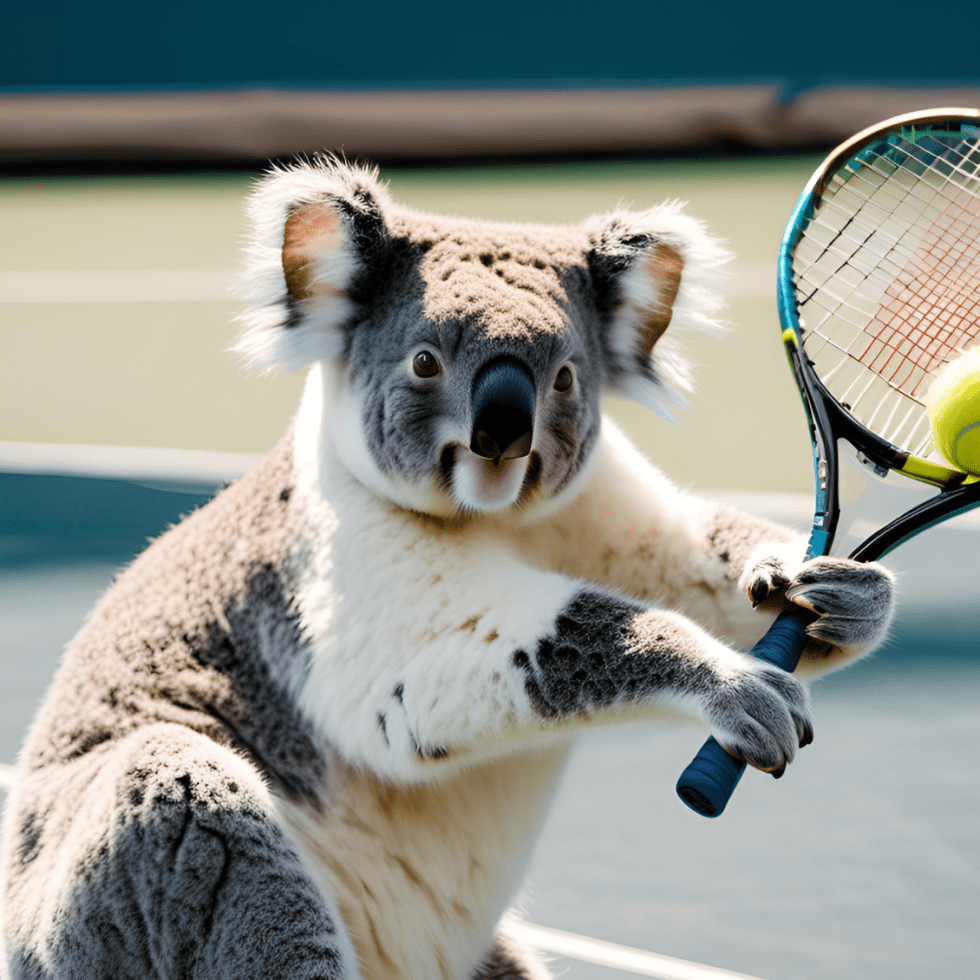Koala holding a tennis racket on a tennis court