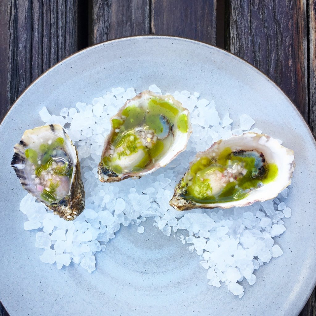 Plate of oysters with a green sauce on a bed of salt