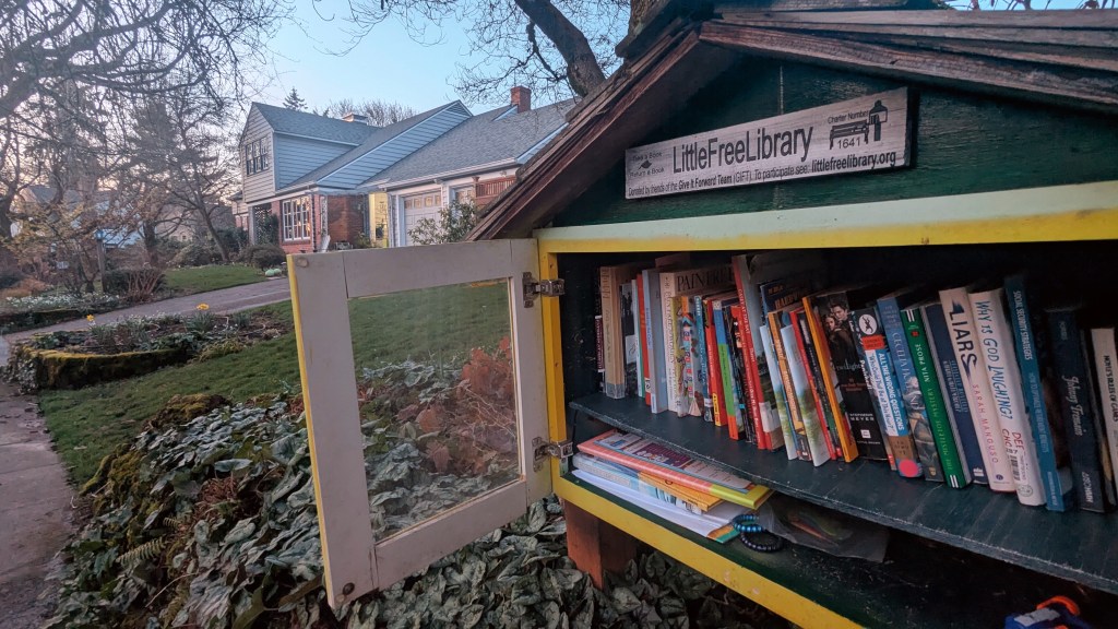Little free library along a neighborhood sidewalk