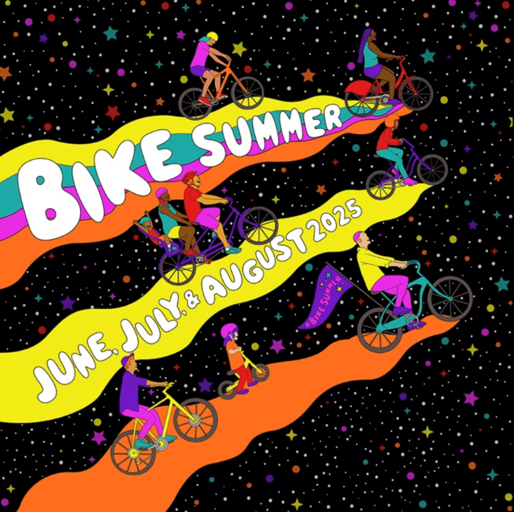 design for Bike Summer 2025 with animated people on bikes and bright colors