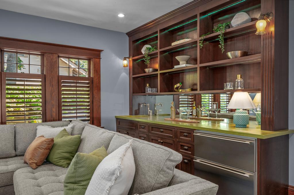 Shelves and bar in a family room
