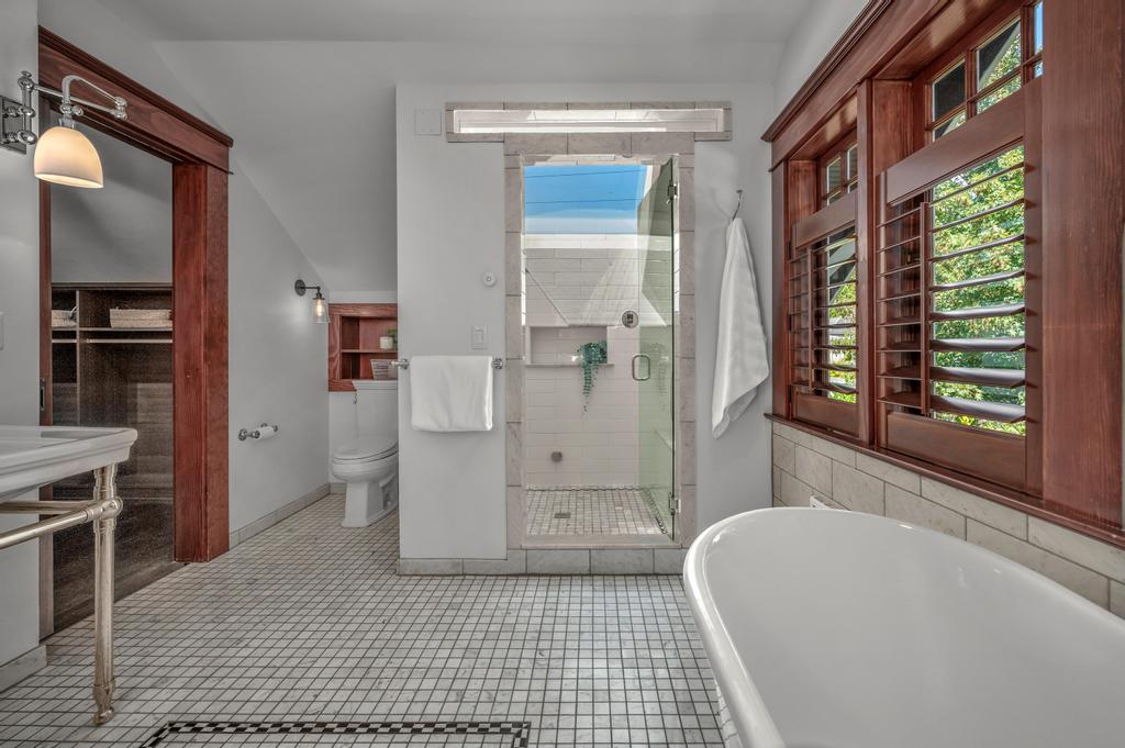 Spa-like bath with skylight and soaking tub